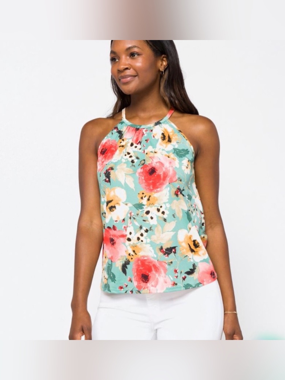 Papermoon Women Small Samala Halter Knit Top Floral Sage Green High Neck Blouse